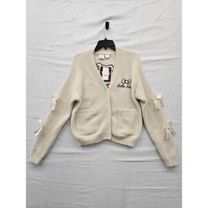 Hello Kitty Sanrio Cream Fuzzy Cardigan Sweater Bow Sleeve XS KTHK016GLB NEW
